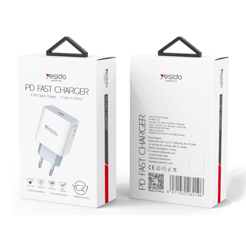 YESIDO WALL LAADIJA YC27 PD 18W QC USB-C valge