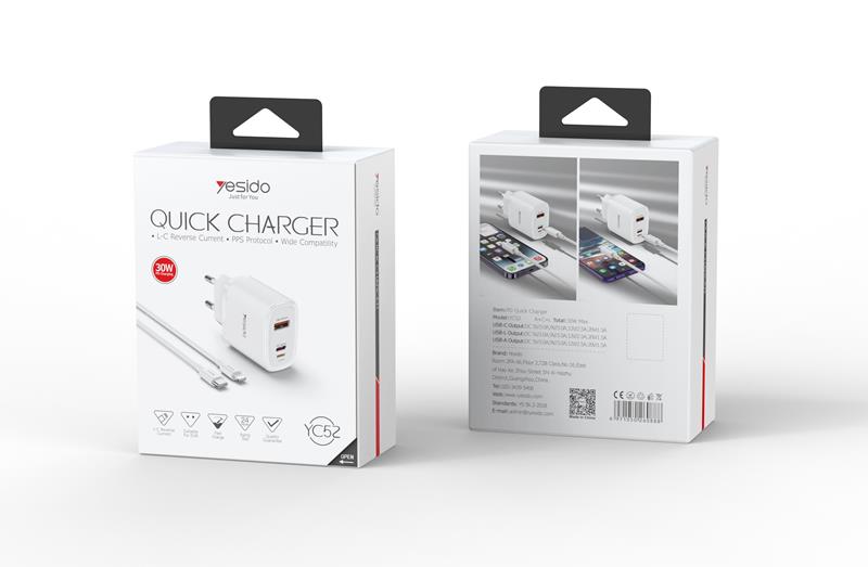 YESIDO WALL LAADIJA YC52 PD 30W QC USB-A/C/LIGHTNING + TYPE-C/LIGHTNING KAABEL 27W 1M valge