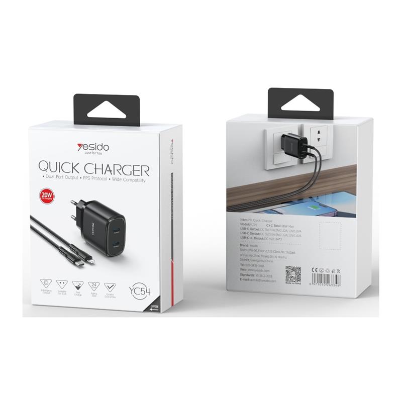 YESIDO WALL LAADIJA YC54 PD 20W QC 2xUSB-C + TYPE-C/LIGHTNING KAABEL 27W 1M must