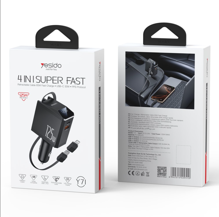 YESIDO CAR LAADIJA Y71 125W FAST CHARGING 4in1 LED + C+iP KAABEL 65W must