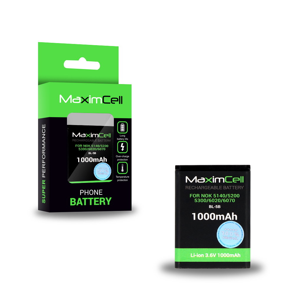 Maximcell aku Nokia 5140/5200/5300/6020/6070 BL-5B jaoks 1000mAh Li-ion