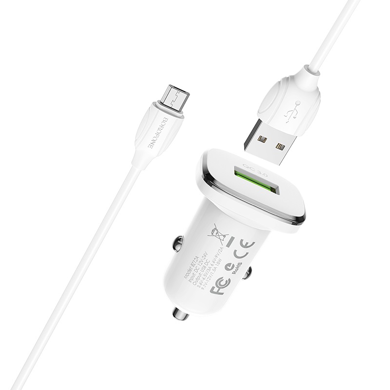 Borofone BZ12A Lasting Power QC3.0 18 W autolaadija Micro-USB kaabliga, valge