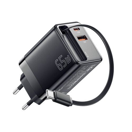 Laadija Essager "Scope" must 65W (1xPD / 1xQC3.0) + integreeritud Type-C kaabel