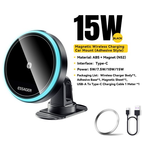 Autohoidik Essager T1 must (Magsafe 15W) (magnetiline / kleepuv)