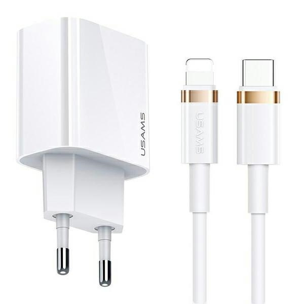 USAMS võrgulaadija 1XUSB-C T34 20W 5V-3A PD3.0 + kaabel U63 USB-C Lightning 20W valge T49OCLN01