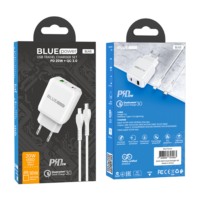 BLUE POWER Seinalaadija PD20W+QC3.0 VALGE LIGHTNING KAABEL