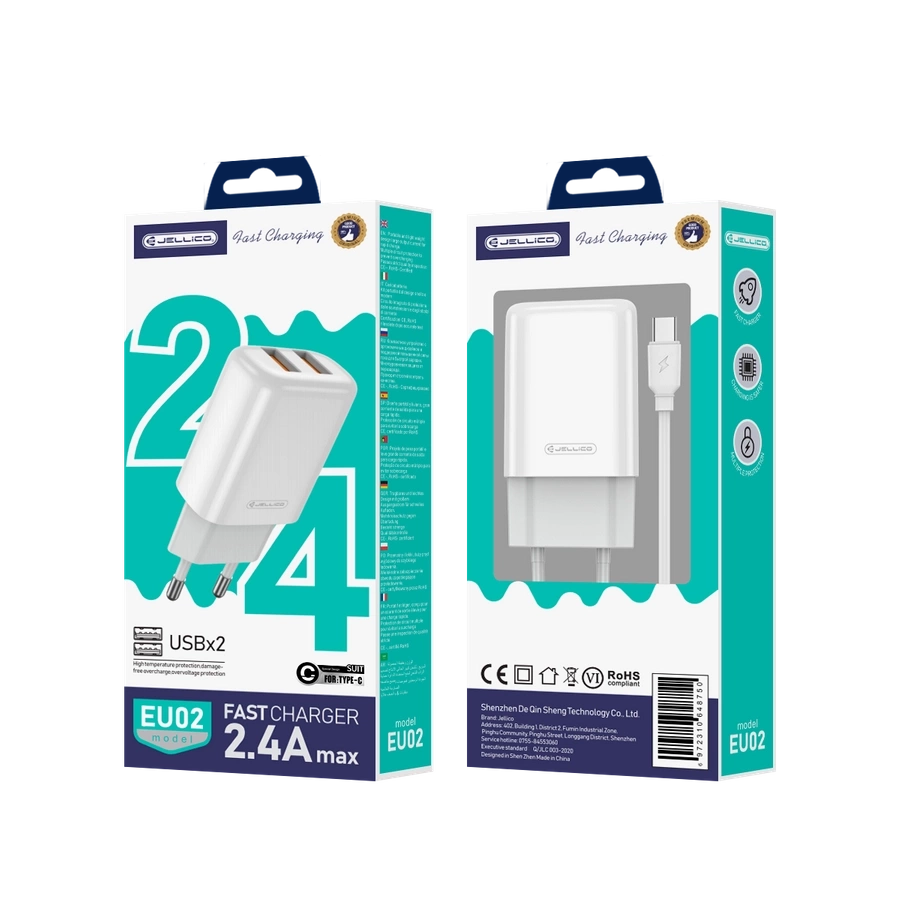 JELLICO seinalaadija EU02 2.4A 12W 2xUSB + kaabel USB-C Valge