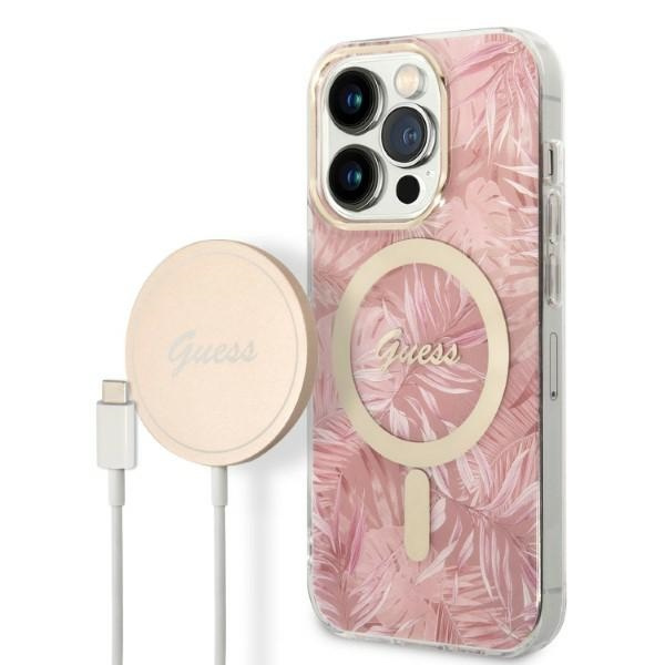 Komplekt Guess GUBPP14LHJEACSP Ümbris+ Laadija iPhone 14 Pro 6,1" roosa hard ümbris Jungle MagSafe
