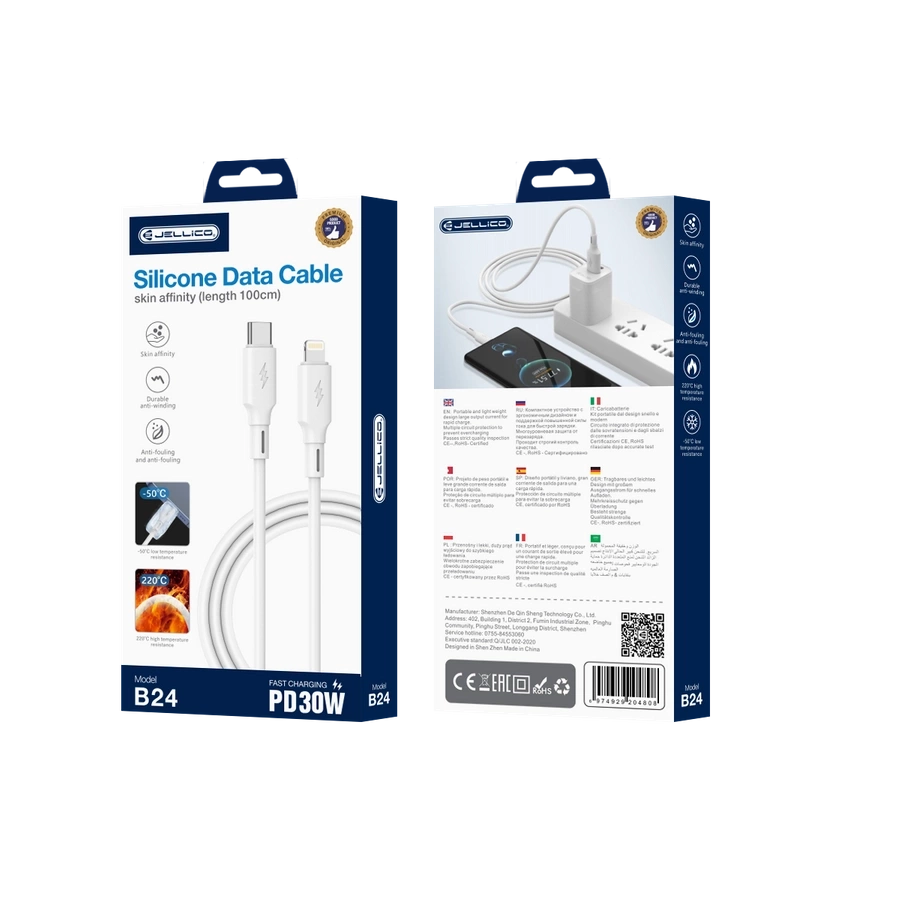JELLICO kaabel B24 USB-C - Lightning PD 30W 1M Valge