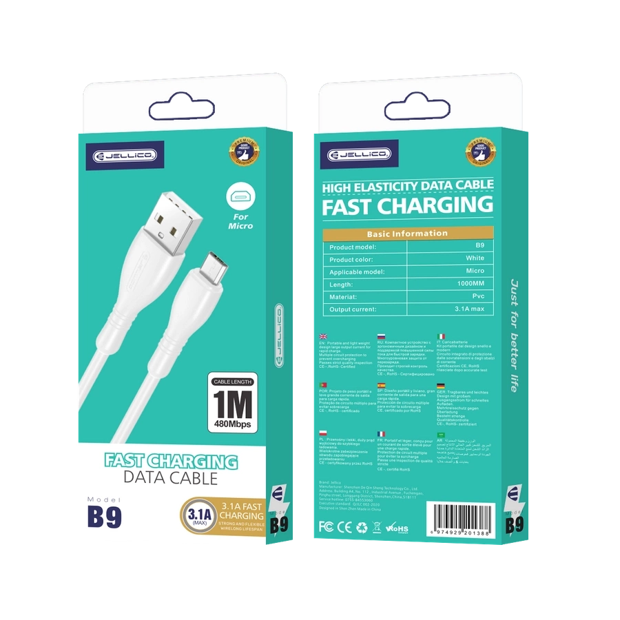 JELLICO kaabel B9 Micro USB 3.1A 1M Valge