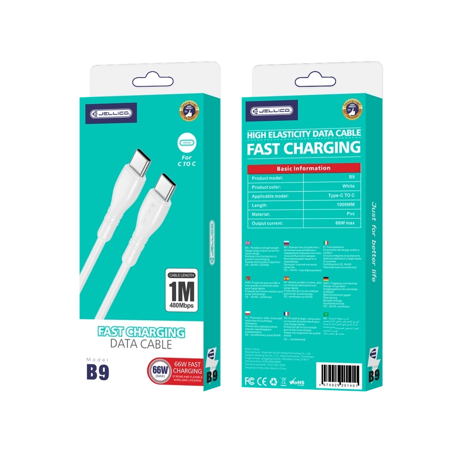 JELLICO kaabel B9 USB-C - USB-C PD 66W 1M Valge