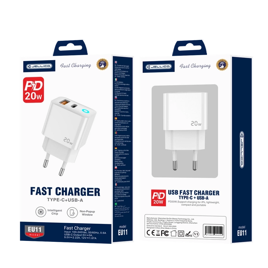 JELLICO seinalaadija EU11 PD 20W 1xUSB-C + 1xUSB QC3.0 Valge