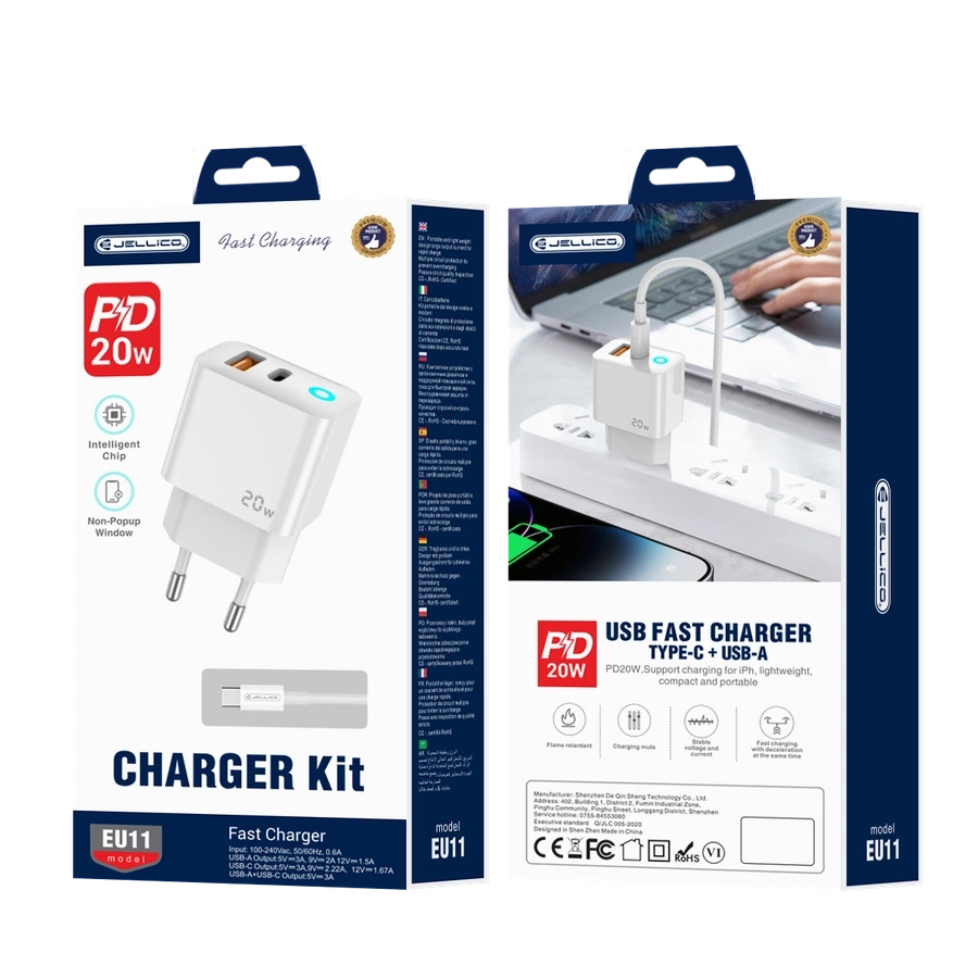 JELLICO seinalaadija EU11 PD 20W 1xUSB-C + 1xUSB QC3.0 + kaabel USB-C - Lightning Valge