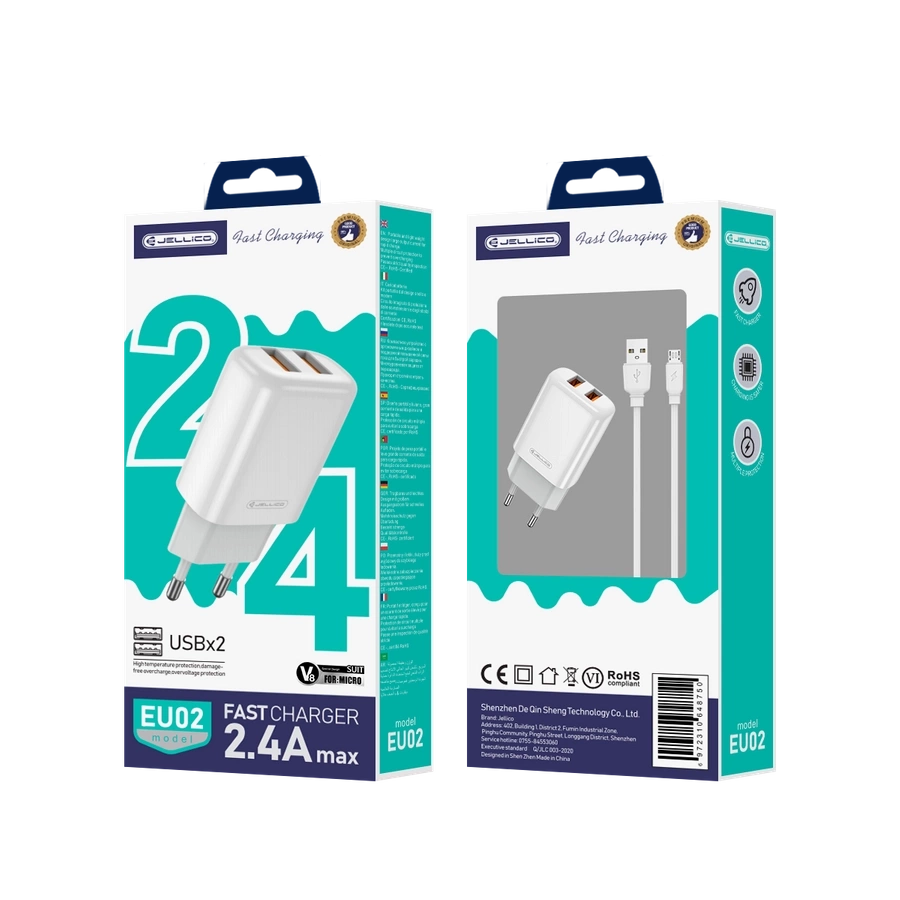 JELLICO seinalaadija EU02 2.4A 12W 2xUSB + kaabel Micro Valge