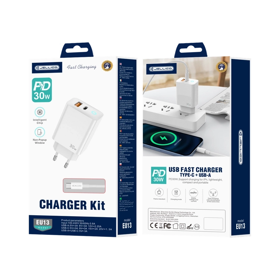 JELLICO seinalaadija EU13 GaN PD 30W 1xUSB-C + 1xUSB QC3.0 + kaabel USB-C - USB-C Valge