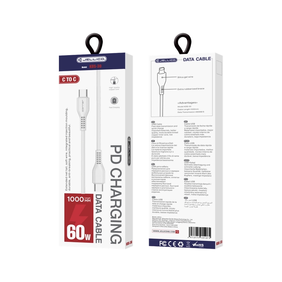 JELLICO kaabel KDS-30 USB-C - USB-C PD 60W 1M Valge
