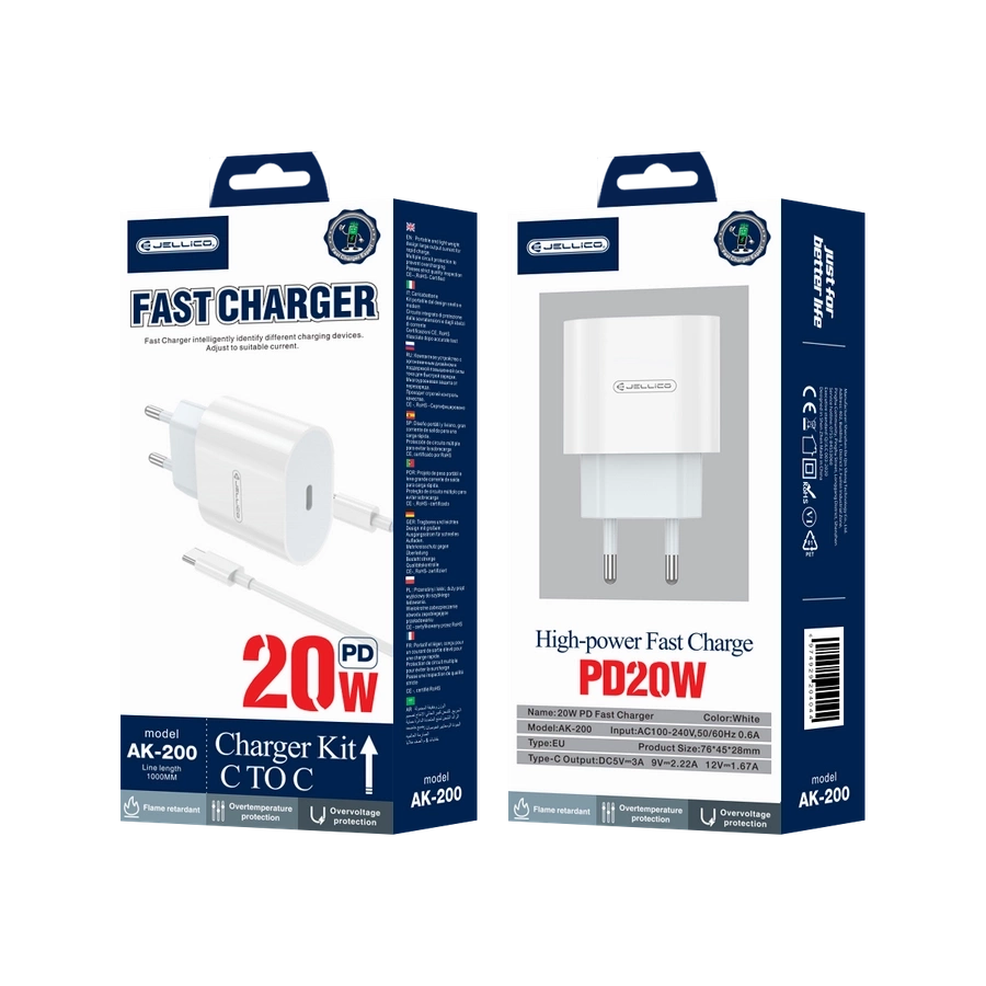 JELLICO seinalaadija AK200 PD 20W 1xUSB-C + kaabel USB-C - USB-C Valge