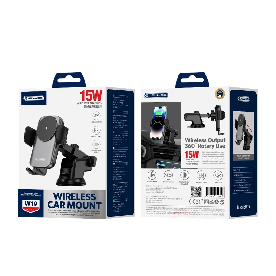 JELLICO autohoidja juhtmevaba laadimisega W19 15W Must