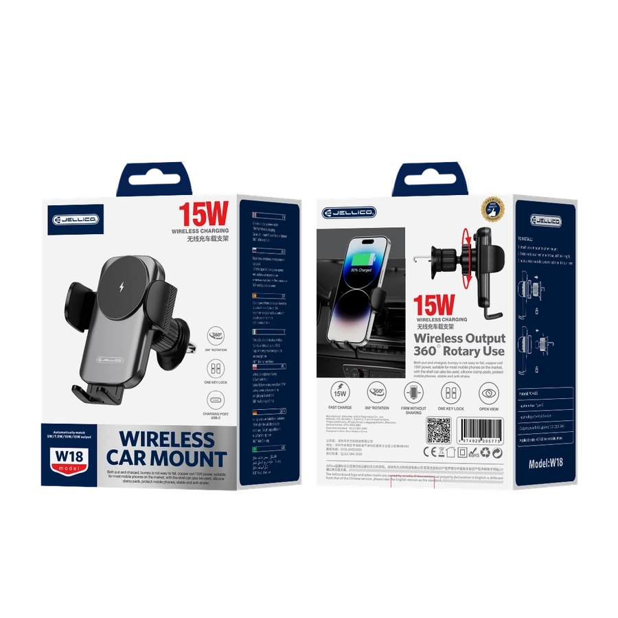 JELLICO autohoidja juhtmevaba laadimisega W18 15W Must
