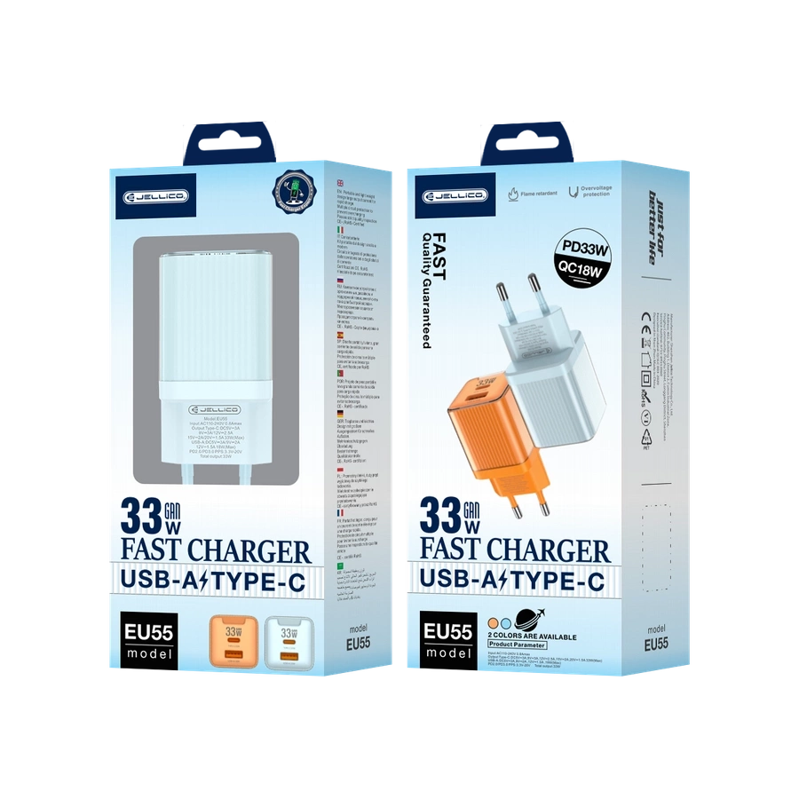 JELLICO seinalaadija EU55 GaN PD 33W 1xUSB-C + 1xUSB QC3.0 Sinine