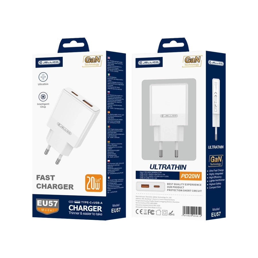 JELLICO Seinalaadija EU57 PD 20W 1xUSB-C + 1xUSB QC3.0 valge