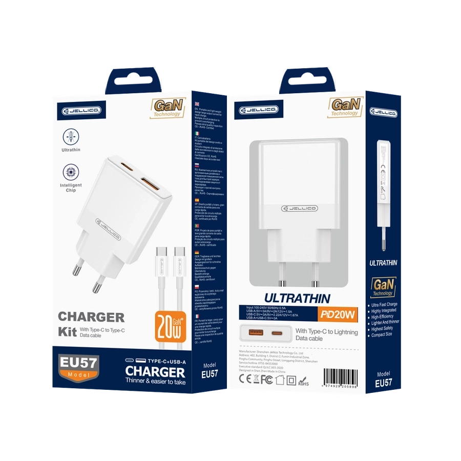 JELLICO Seinalaadija EU57 PD 20W 1xUSB-C + 1xUSB QC3.0 + kaabel USB-C - USB-C valge