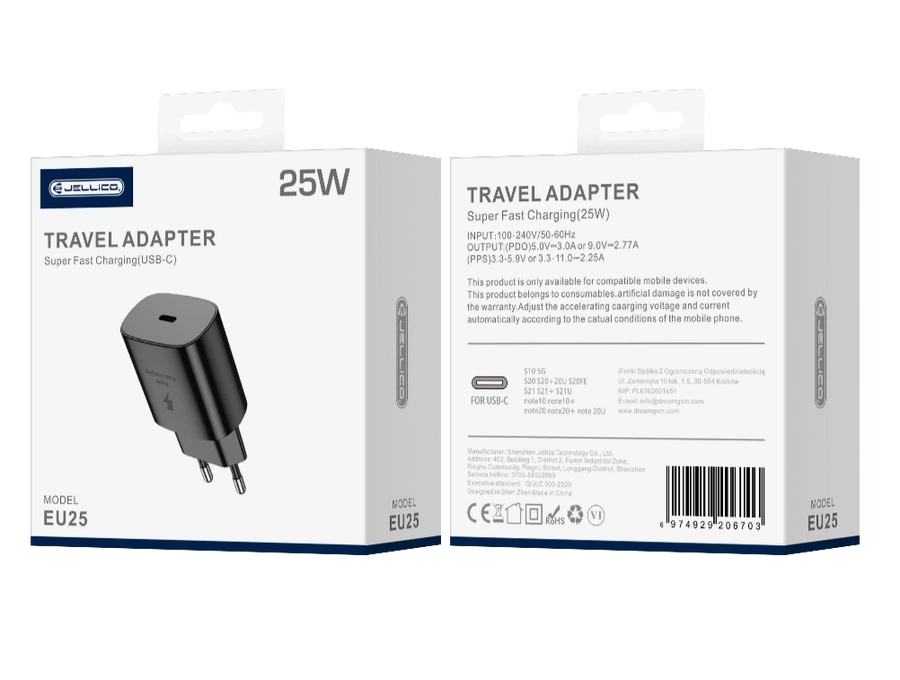 JELLICO seina laadija EU25 PD 25W 1xUSB-C must