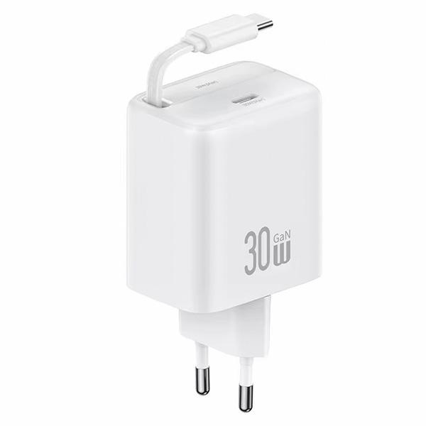 USAMS võrgulaadija 1xUSB-C sissetõmmatava kaabliga USB-C Retractable PD+QC 30W Gan Fast Charging valge YC Series CC241TC02 (US-CC241)
