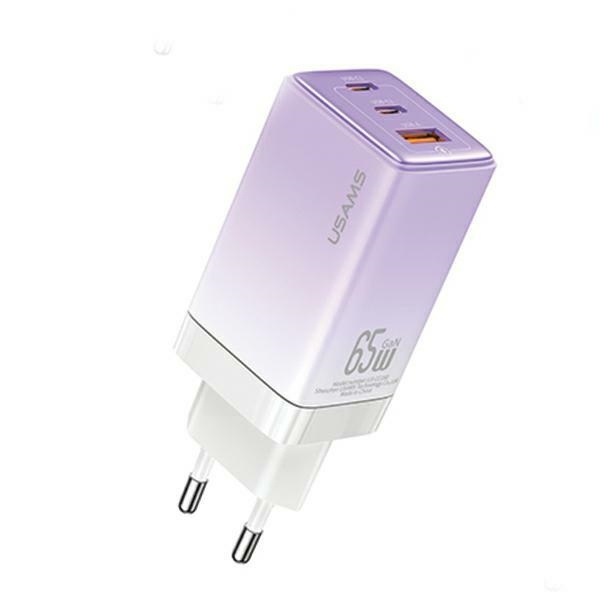 USAMS võrgulaadija 2xUSB-C+1xUSB 65W (only head) GaN PD3.0 +QC3.0 Fast Charging gradient lilla Sandru Series CC180TC03 (US-CC180)
