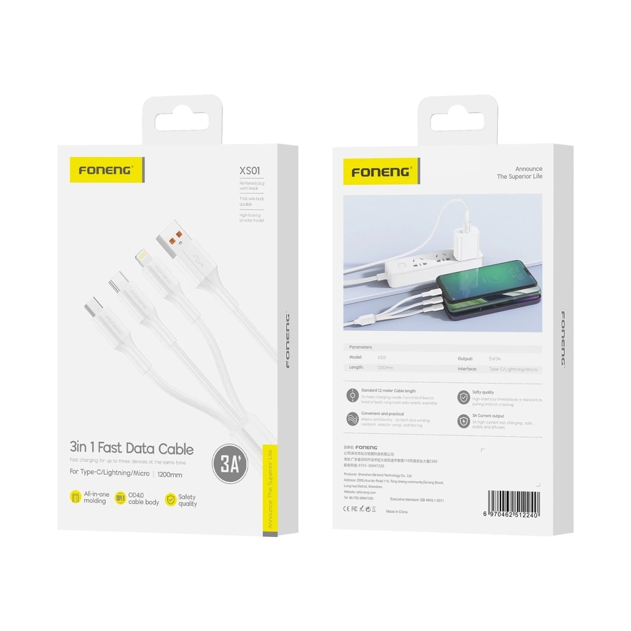 FONENG kaabel XS01 3in1 3A 1.2M valge