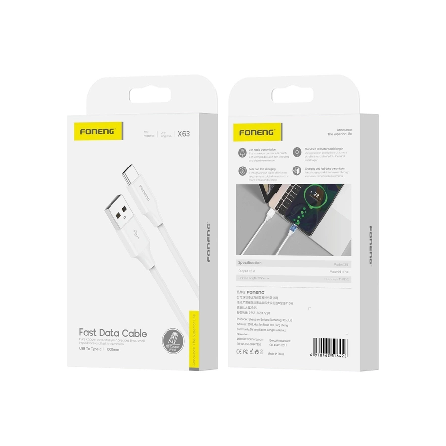 FONENG kaabel X63 USB-C 2.1A 1M valge