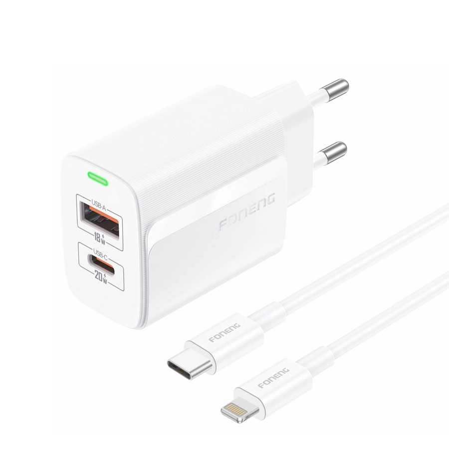 FONENG võrgulaadija EU66 PD 20W 1xUSB-C + 1xUSB QC3.0 + kaabel USB-C - Lightning valge