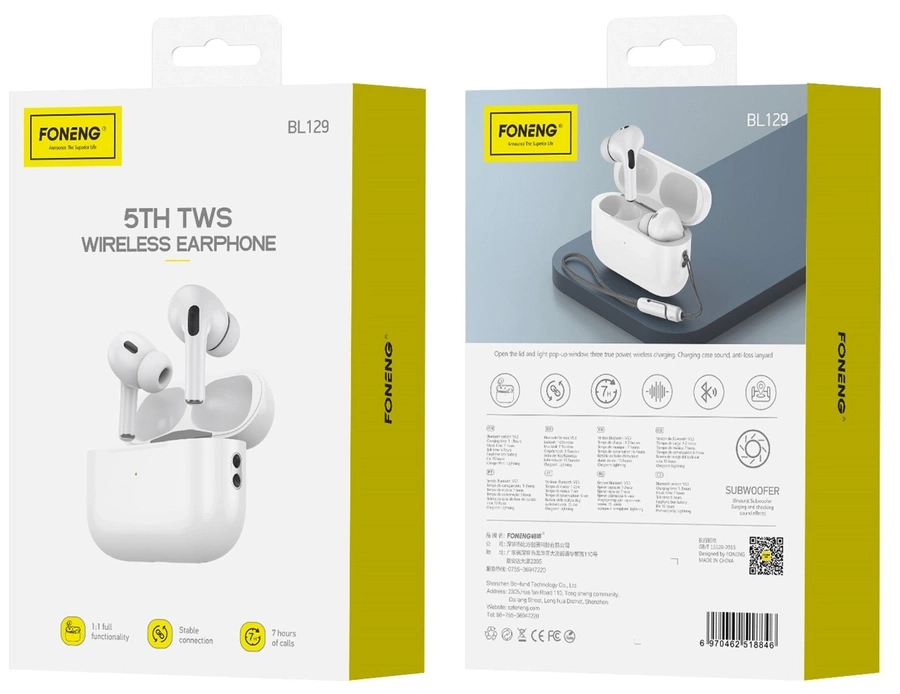 Wireless earphones TWS Foneng BL129, with induction charging (valge)