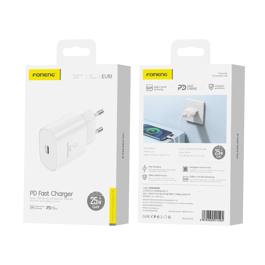 FONENG võrgulaadija EU51 GaN PD 25W 1xUSB-C valge