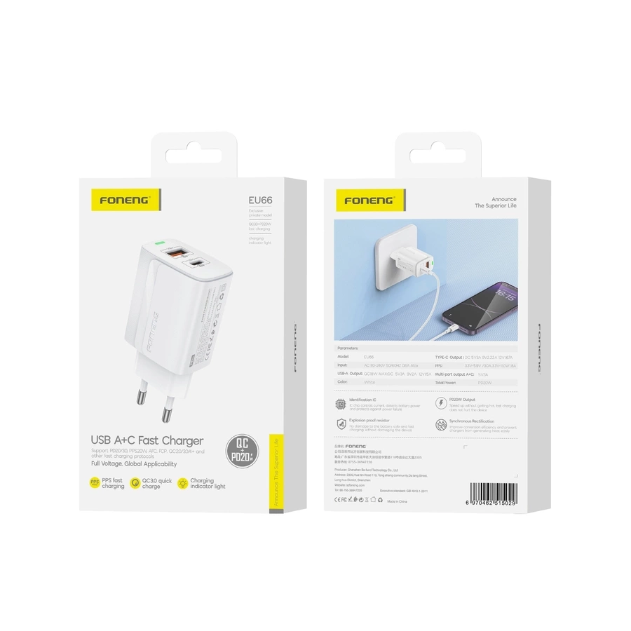 FONENG võrgulaadija EU66 PD 20W 1xUSB-C + 1xUSB QC3.0 valge