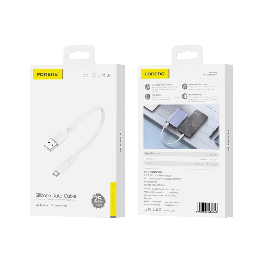 FONENG kaabel X107 Micro USB 2.1A 0.25M valge