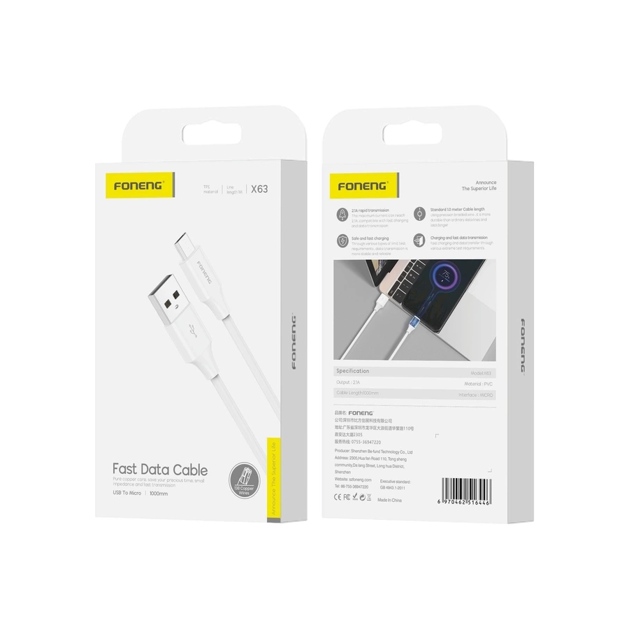 FONENG kaabel X63 Micro USB 2.1A 1M valge