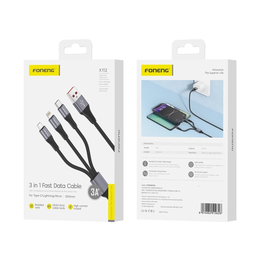 FONENG kaabel X112 3in1 3A 1.2M must