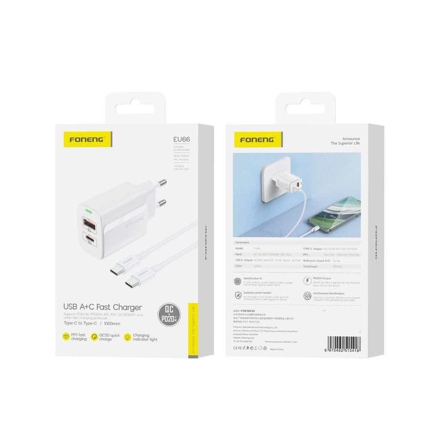 FONENG võrgulaadija EU66 PD 20W 1xUSB-C + 1xUSB QC3.0 + kaabel USB-C - USB-C valge