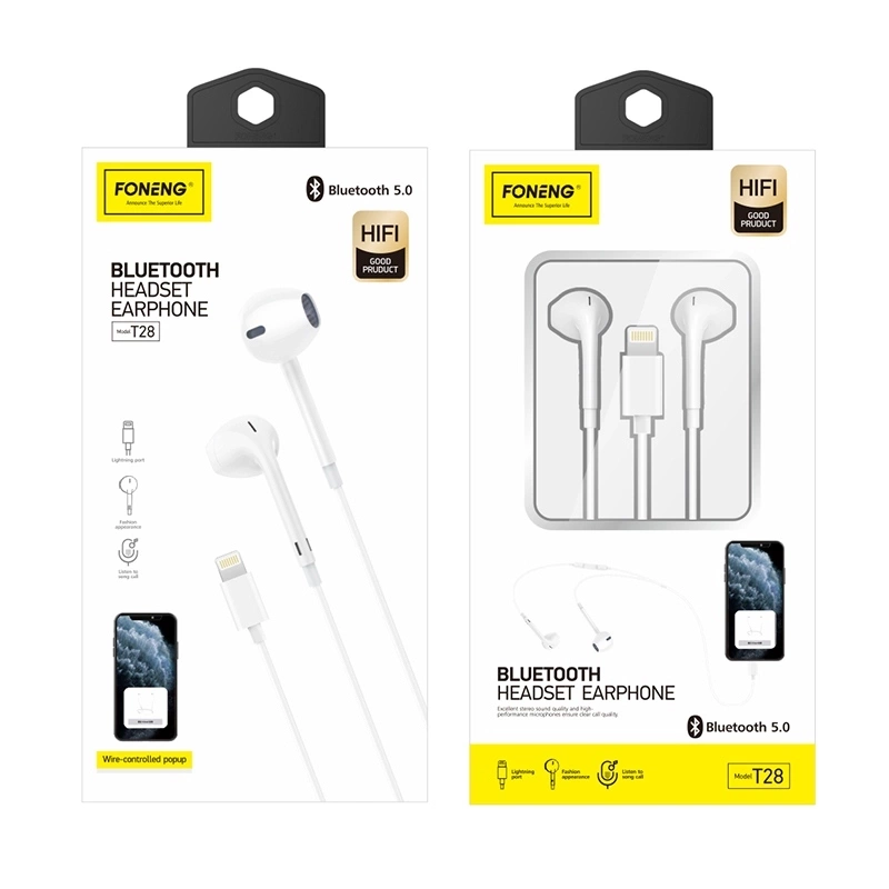 FONENG juhtmega kõrvaklapid T28 Lightning mikrofoniga 1.2M valge