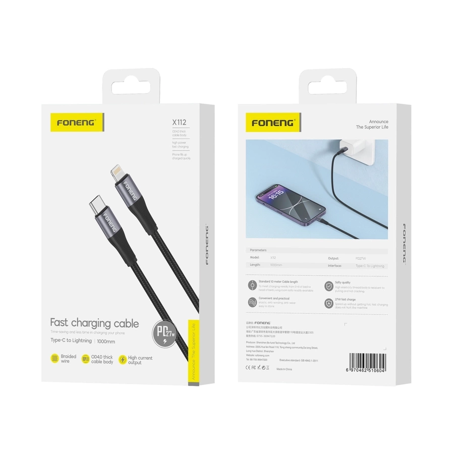 FONENG kaabel X112 USB-C - Lightning PD 27W 1M must