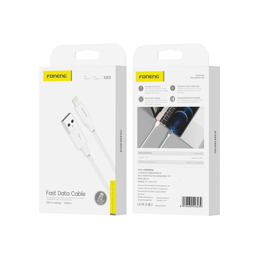 FONENG kaabel X63 Lightning 2.1A 1M valge