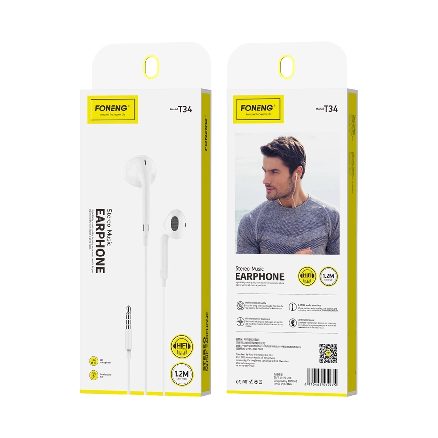 In-ear headphones, wired Foneng T34, mini jack 3.5mm, remote control (valge)