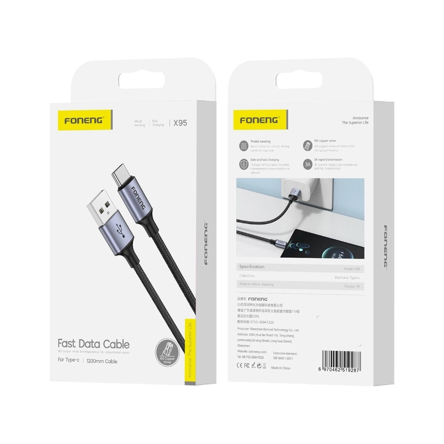 FONENG kaabel X95 USB-C 3A 1.2M must