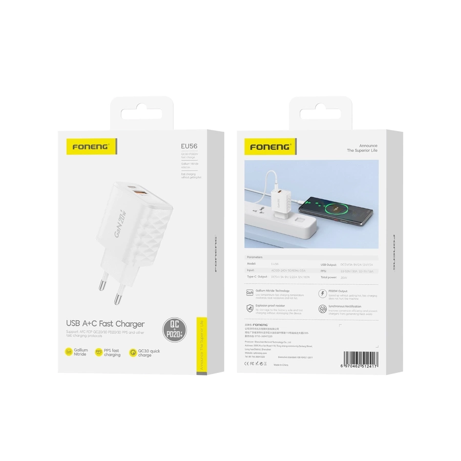 FONENG võrgulaadija EU56 GaN PD 20W 1xUSB-C + 1xUSB QC3.0 valge