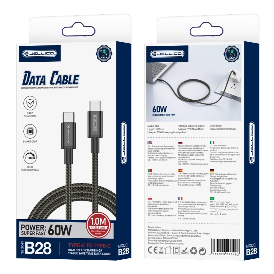 JELLICO kaabel B28 USB-C - USB-C PD 60W 1M must