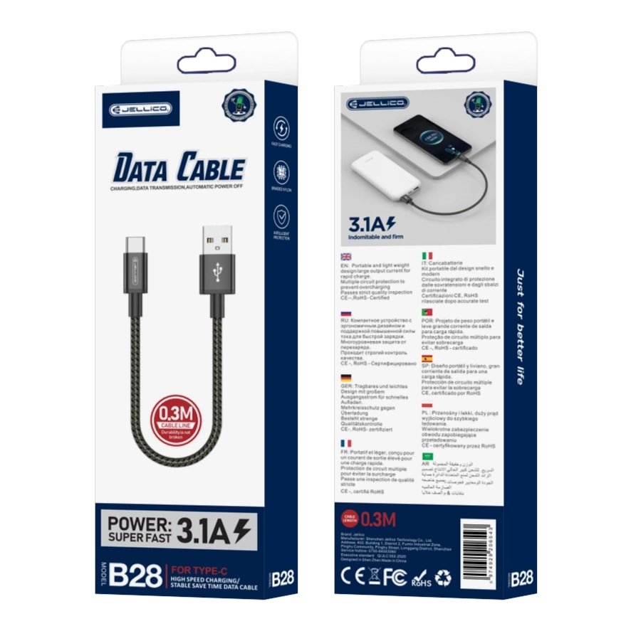 JELLICO kaabel B28 USB-C 3.1A 0.3M must