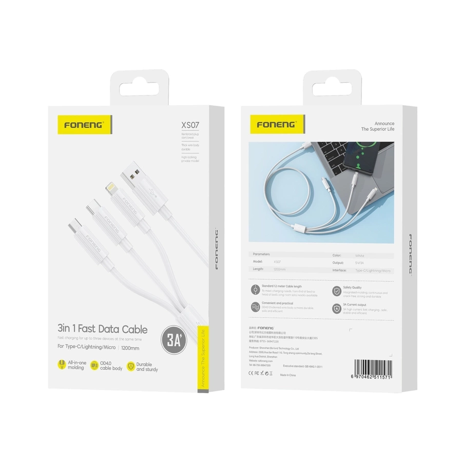 FONENG kaabel XS07 3in1 3A 1.2M valge