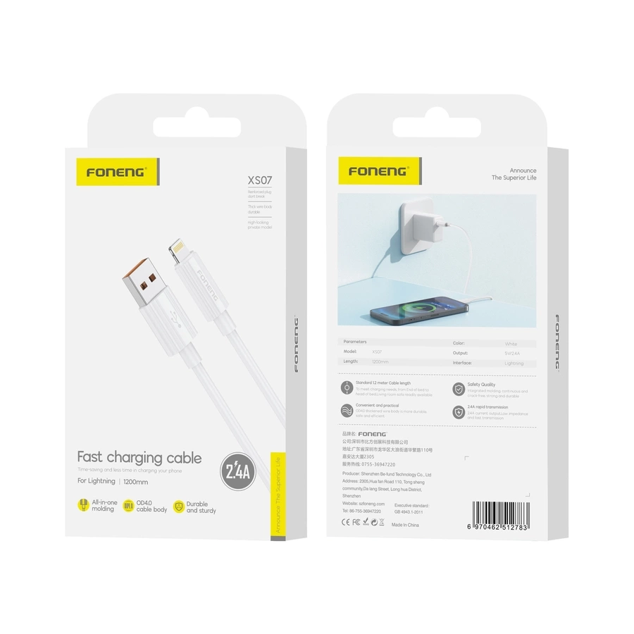 FONENG kaabel XS07 Lightning 2.4A 1M valge