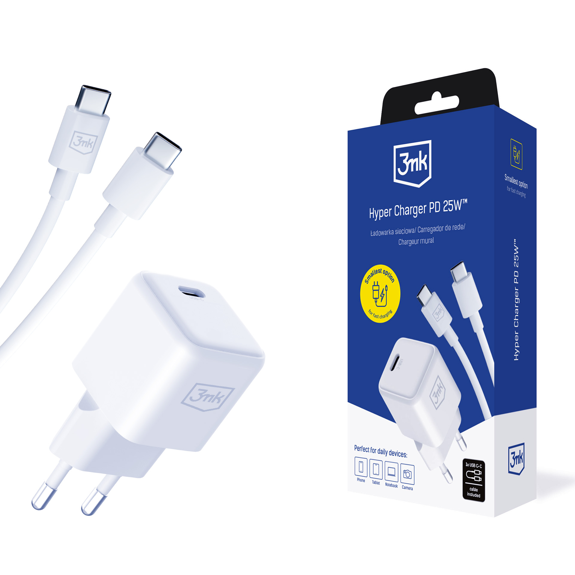 3mk Hyper Charger PD GaN 25W seinalaadija USB-C kaabliga - valge